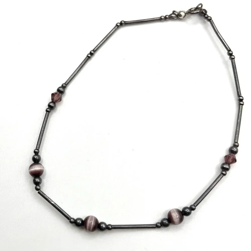 Sterling Silver Bar Link Bracelet Purple Glass Cat Eye Beads Boho Minimalist